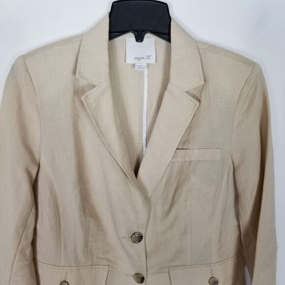 aryn K. Women Linen Blend Blazer Jacket Sz L Beige Lightweight Button Up Preppy - Picture 2 of 7